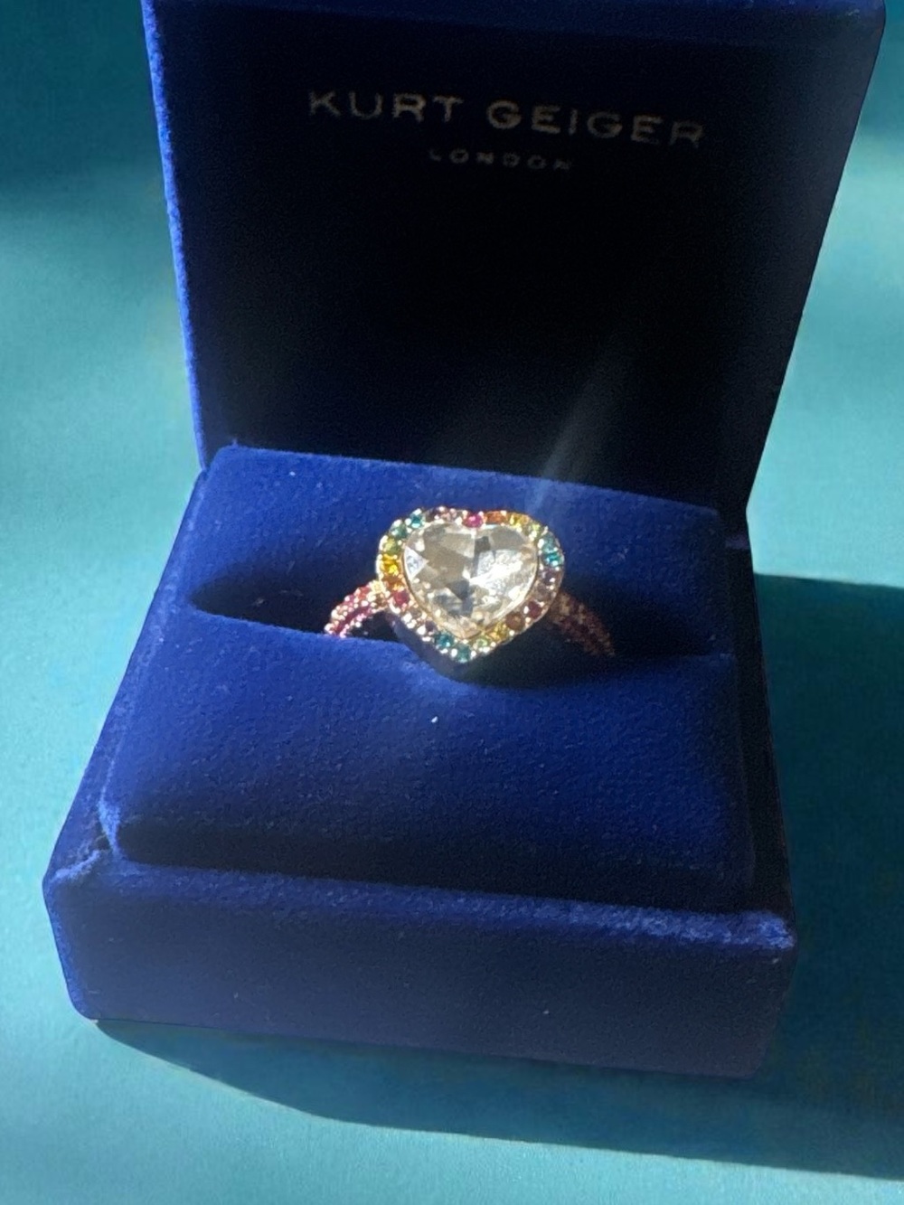 Kurt Geiger London Rainbow Crystal Heart Cocktail Ring -Size 7